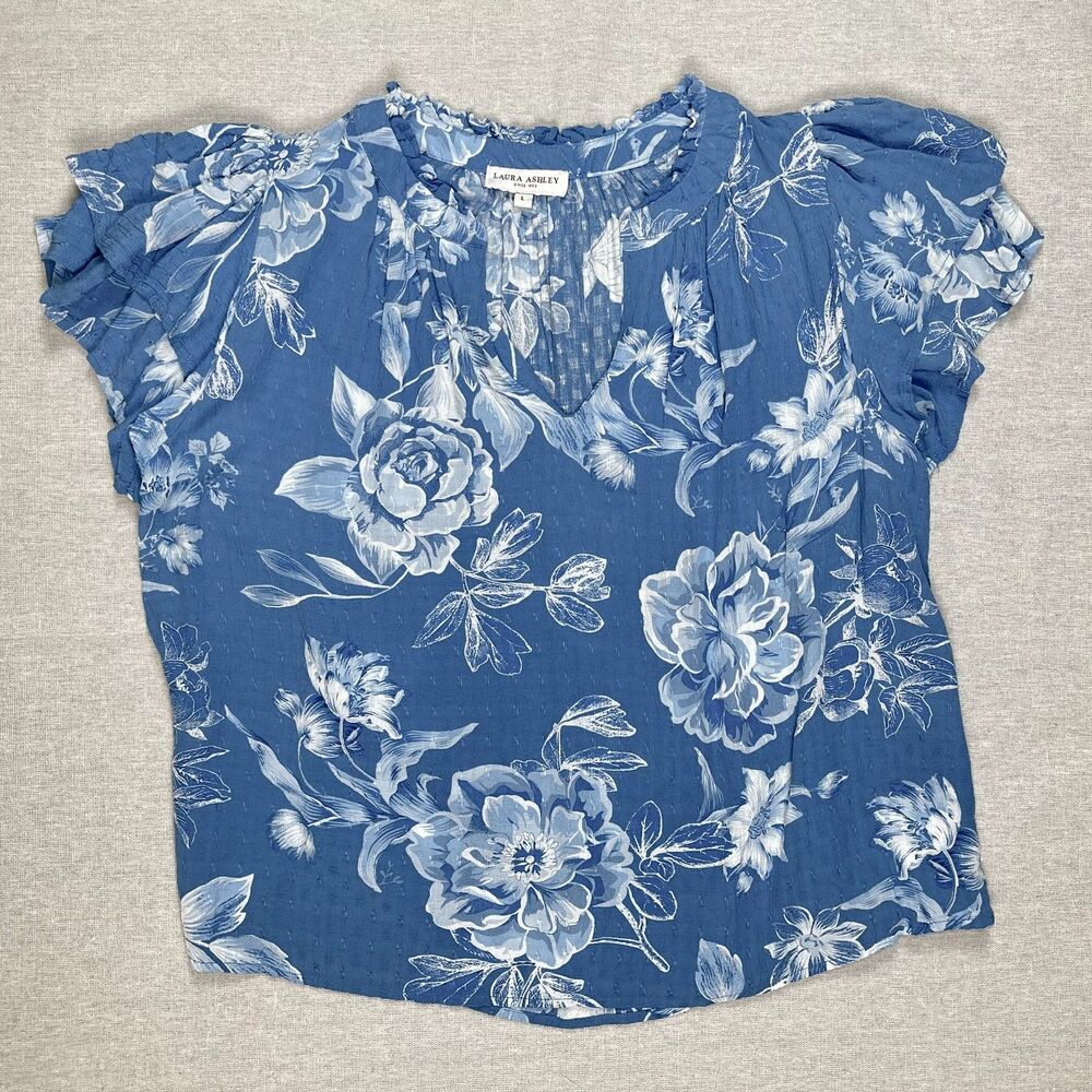 Laura Ashley | Blue & White Floral Pattern Blouse | Large